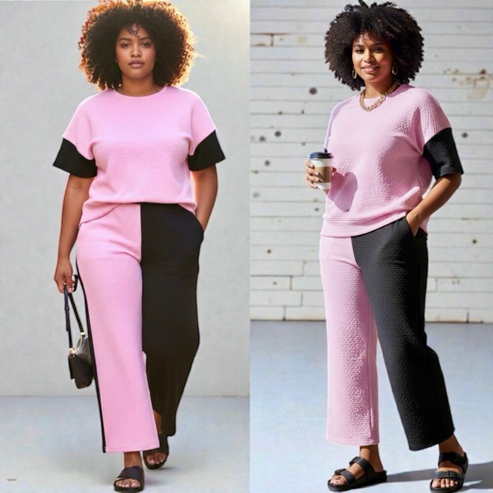 Pink & Black Texture Contrast T-Shirt and Wide Leg Pants Lounge Set NWT - Picture 5 of 8